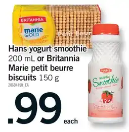 Fortinos HANS YOGURT SMOOTHIE 200 ML OR BRITANNIA MARIE PETIT BEURRE BISCUITS 150 G offer