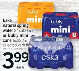 Fortinos ESKA NATURAL SPRING WATER 24X500 ML OR BUBLY MINI CANS, 6X222 ML offer