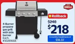 Walmart 4-Burner propane gas grill with side burner offer