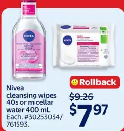 Walmart Nivea cleansing wipes 40s or micellar water offer