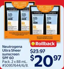 Walmart Neutrogena Ultra Sheer Sunscreen SPF 60 offer