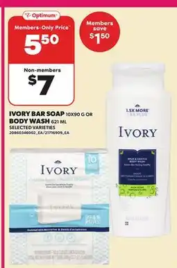 Loblaws IVORY BAR SOAP, 10X90 G OR BODY WASH, 621 ML offer