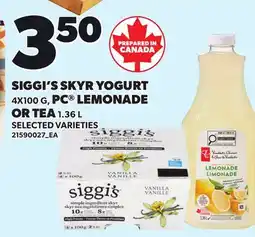 Loblaws SIGGI'S SKYR YOGURT, 4X100 G, PC LEMONADE OR TEA, 1.36 L offer