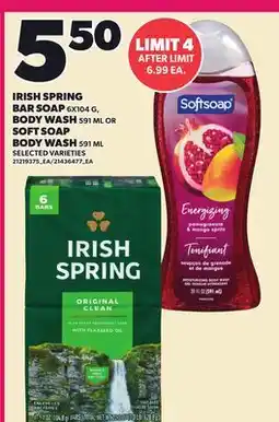 Loblaws IRISH SPRING BAR SOAP, 6X104 G, BODY WASH, 591 ML OR SOFT SOAP BODY WASH 591 ML offer