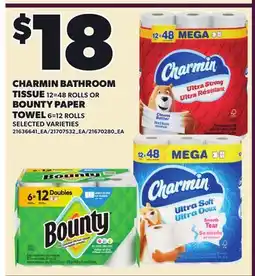 Loblaws CHARMIN BATHROOM TISSUE, 12=48 ROLLS OR BOUNTY PAPER TOWEL, 6-12 ROLLS offer