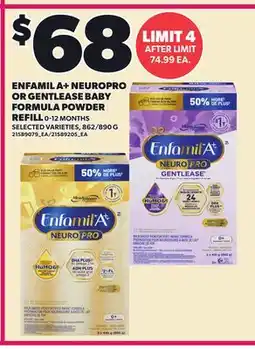Loblaws ENFAMIL A+ NEUROPRO OR GENTLEASE BABY FORMULA POWDER REFILL 0-12 MONTHS, 862/890 G offer