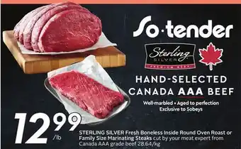 Sobeys STERLING SILVER Fresh Boneless Inside Round Oven Roast or Family Size Marinating Steaks offer