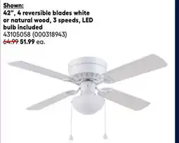 RONA 42, 4 reversible blades white or natural wood, 3 speeds, LED bulb included ceiling fans offer