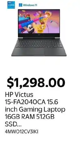 Walmart HP Victus 15-FA2040CA 15.6 inch Gaming Laptop 16GB RAM 512GB SSD... offer