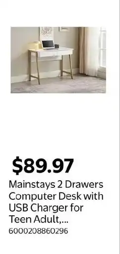Walmart Mainstays 2 Drawers Computer Desk with USB Charger for Teen Adult,... offer