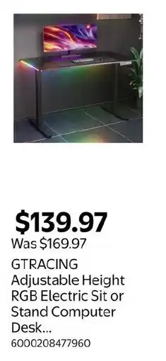 Walmart GTRACING Adjustable Height RGB Electric Sit or Stand Computer Desk... offer