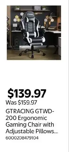 Walmart GTRACING GTWD- 200 Ergonomic Gaming Chair with Adjustable Pillows... offer