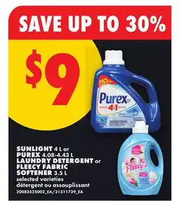 No Frills SUNLIGHT, 4 L OR PUREX, 4.08-4.43 L LAUNDRY DETERGENT OR FLEECY FABRIC SOFTENER, 3.5 L offer