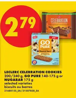 No Frills LECLERC CELEBRATION COOKIES, 200/240 G, GO PURE, 140-175 G OR NUGABAR, 175 G offer