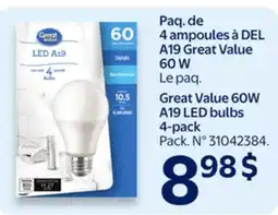 Walmart Great Value 60W A19 LED bulbs 4-pack offer