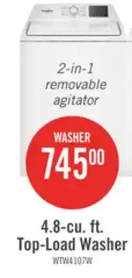 The Brick Whirlpool 4.8 Cu. Ft. Top Load Washer with 2-in-1 Removable Agitator - WTW4107SW offer
