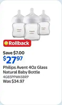 Walmart Philips Avent 4Oz Glass Natural Baby Bottle offer
