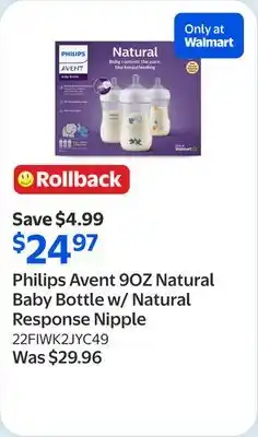 Walmart Philips Avent 9OZ Natural Baby Bottle w/ Natural Response Nipple offer