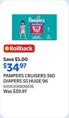 Walmart PAMPERS CRUISERS 360 DIAPERS S5 HUGE 96 offer