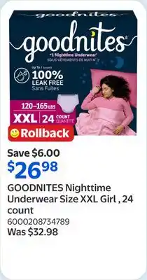 Walmart GOODNITES Nighttime Underwear Size XXL Girl , 24 count offer