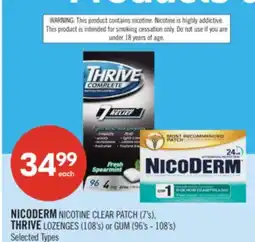 Shoppers Drug Mart NICODERM NICOTINE CLEAR PATCH (7's), THRIVE LOZENGES (108's) or GUM (96's - 108's) offer