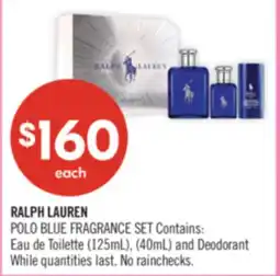 Shoppers Drug Mart RALPH LAUREN POLO BLUE FRAGRANCE SET Contains: Eau de Toilette (125mL), (40mL) and Deodorant offer