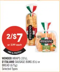 Shoppers Drug Mart WONDER WRAPS (10's), D'ITALIANO SAUSAGE BUNS (6's) or BREAD (675g) offer