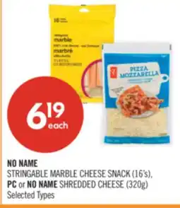 Shoppers Drug Mart NO NAME STRINGABLE MARBLE CHEESE SNACK (16's), PC or NO NAME SHREDDED CHEESE (320g) offer