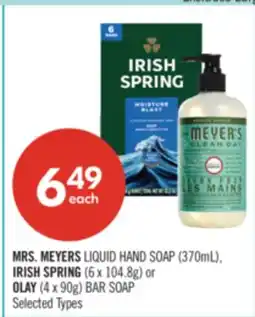Shoppers Drug Mart MRS. MEYERS LIQUID HAND SOAP (370mL), IRISH SPRING (6 x 104.8g) or OLAY (4 x 90g) BAR SOAP offer