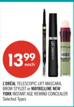 Shoppers Drug Mart L'ORÉAL TELESCOPIC LIFT MASCARA, BROW STYLIST or MAYBELLINE NEW YORK INSTANT AGE REWIND CONCEALER offer