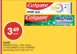 Shoppers Drug Mart COLGATE MAXFRESH (150mL), TOTAL (120mL) or TOTAL ADVANCED (70mL) TOOTHPASTE offer