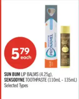 Shoppers Drug Mart SUN BUM LIP BALMS (4.25g), SENSODYNE TOOTHPASTE (110mL - 135mL) offer