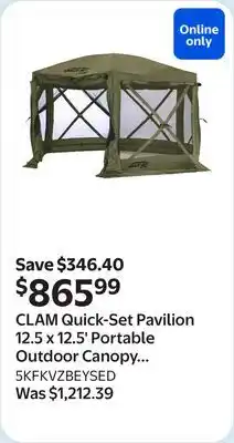 Walmart CLAM Quick-Set Pavilion 12.5 x 12.5' Portable Outdoor Canopy Shelter, Green​ offer