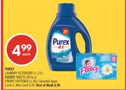 Shoppers Drug Mart PUREX LAUNDRY DETERGENT (1.17L), FLEECY SHEETS (80's) or FABRIC SOFTENER (1.36L) offer