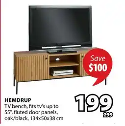 JYSK HEMDRUP TV bench, fits tv's up to 55, fluted door panels, oak/black offer