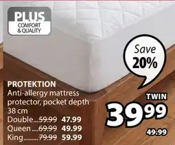 JYSK PROTEKTION Anti-allergy mattress protector, pocket depth offer