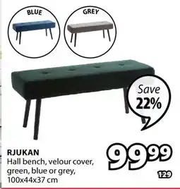 JYSK RJUKAN Hall bench, velour cover, green, blue or grey offer