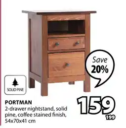 JYSK PORTMAN 2-drawer nightstand, solid pine, coffee stained finish offer