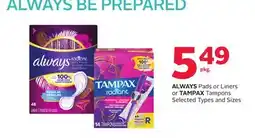 Rexall ALWAYS Pads or Liners or TAMPAX Tampons offer