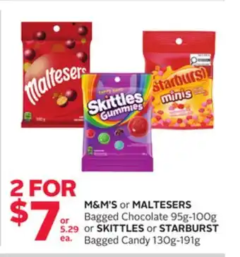 Rexall M&M'S or MALTESERS Bagged Chocolate, 95g-100g or SKITTLES or STARBURST Bagged Candy, 130g-191g offer