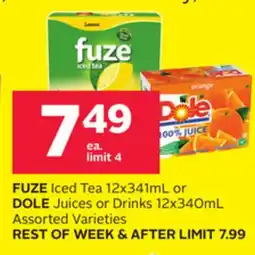 Rexall FUZE Iced Tea 12x341mL or DOLE Juices or Drinks 12x340mL offer