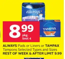 Rexall ALWAYS Pads or Liners or TAMPAX Tampons offer