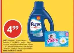 Pharmaprix PUREX Laundry Detergent (1,17 L), FLEECY Sheets (80) or Fabric Softener (1,36 L) offer
