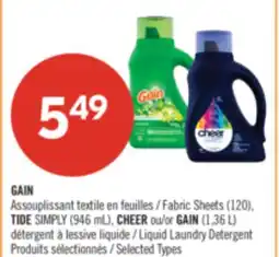 Pharmaprix GAIN Fabric Sheets (120), TIDE SIMPLY (946 mL), CHEER or GAIN (1.36 L) Liquid Laundry Detergent offer