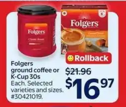 Walmart Folgers ground coffee or K-Cup 30s offer