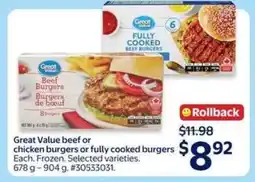 Walmart Great Value Beef or Chicken Burgers or Fully Cooked Burgers offer