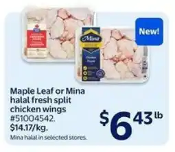 Walmart Maple Leaf or Mina halal fresh split chicken wings offer