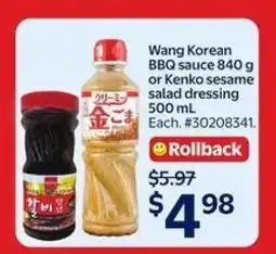 Walmart Wang Korean BBQ Sauce 840 g or Kenko Sesame Salad Dressing 500 mL offer