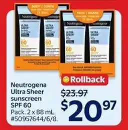 Walmart Neutrogena Ultra Sheer Sunscreen SPF 60 offer