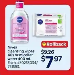 Walmart Nivea cleansing wipes 40s or micellar water 400 mL offer